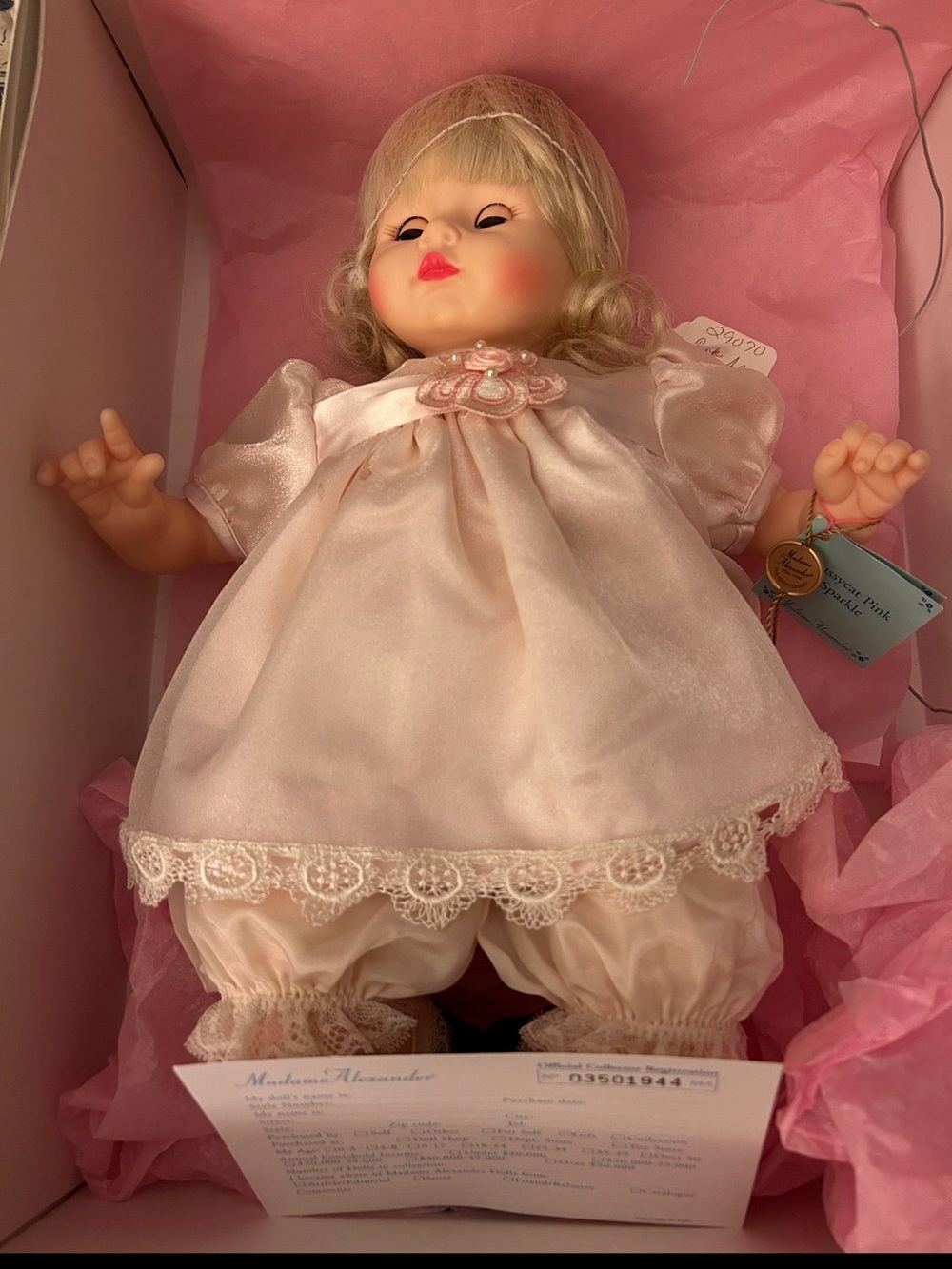Madame Alexander Blush Satin Rosette Baby Doll Dress